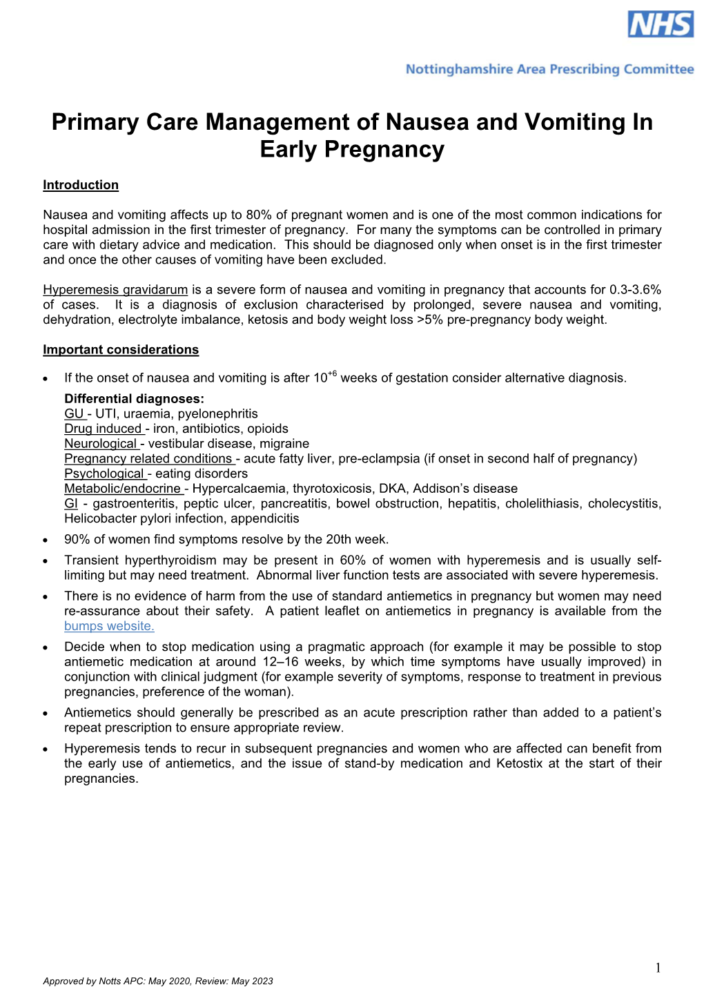 Primary Care Management of Nausea and Vomiting in Early Pregnancy