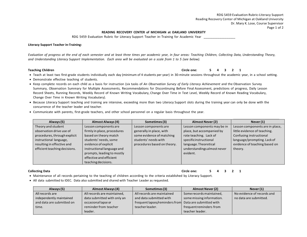 RDG 5459 Evaluation Rubric-Literacy Support Reading Recovery Center of Michigan at Oakland University Dr