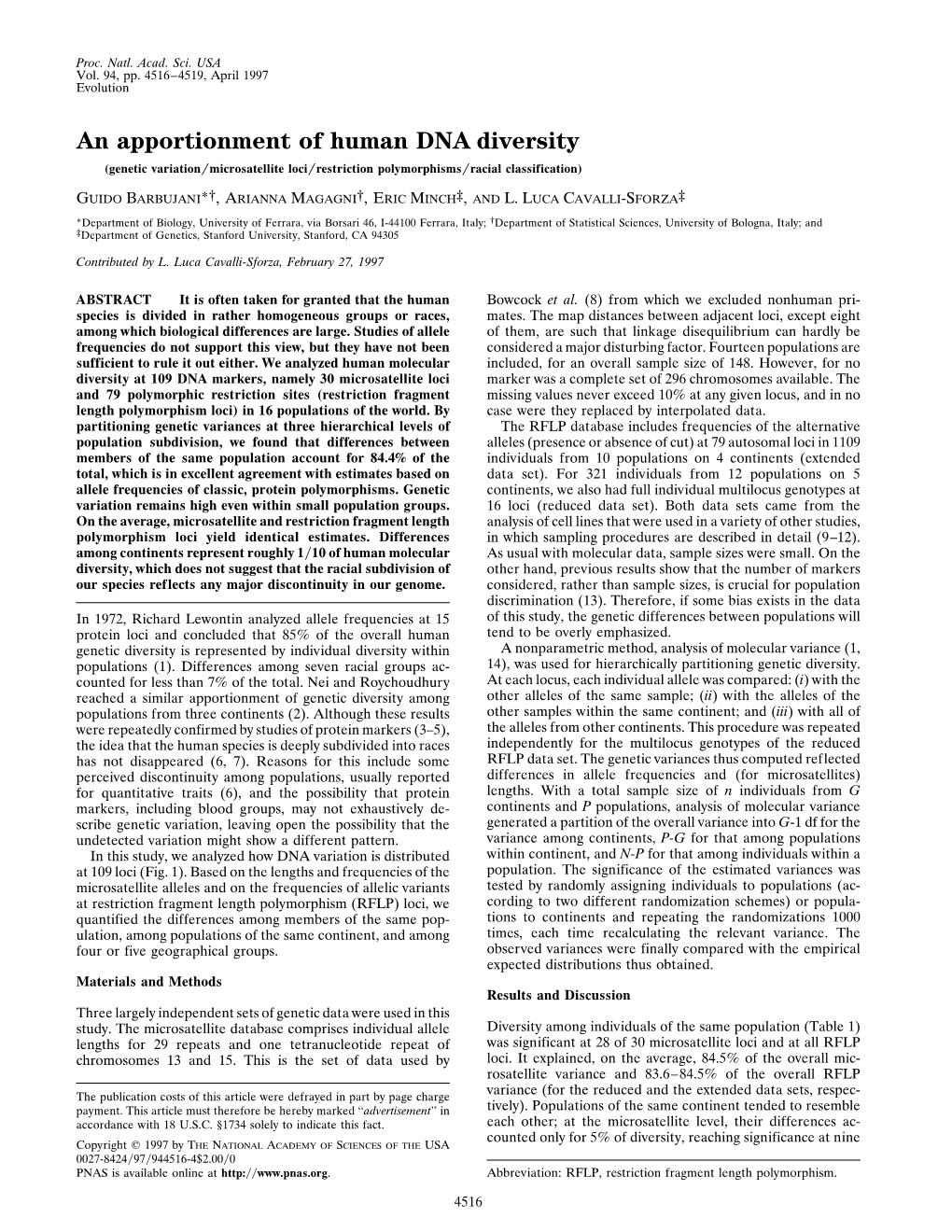 An Apportionment of Human DNA Diversity (Genetic Variation͞microsatellite Loci͞restriction Polymorphisms͞racial Classification)