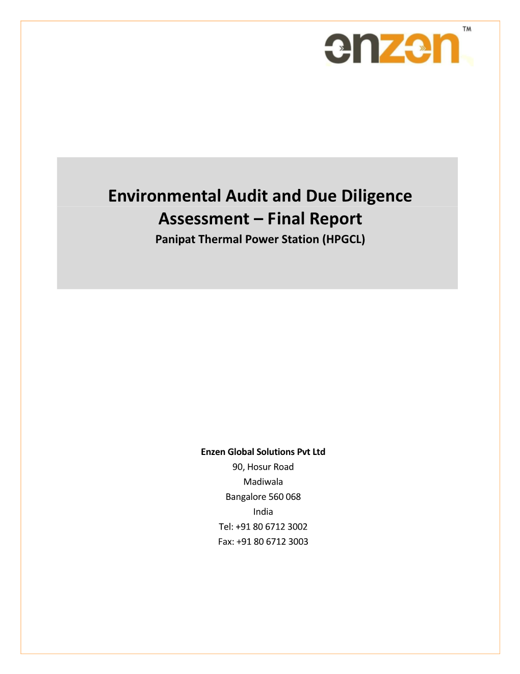 Environmental Audit and Due Diligence Assessment – Final Report Panipat Thermal Power Station (HPGCL)