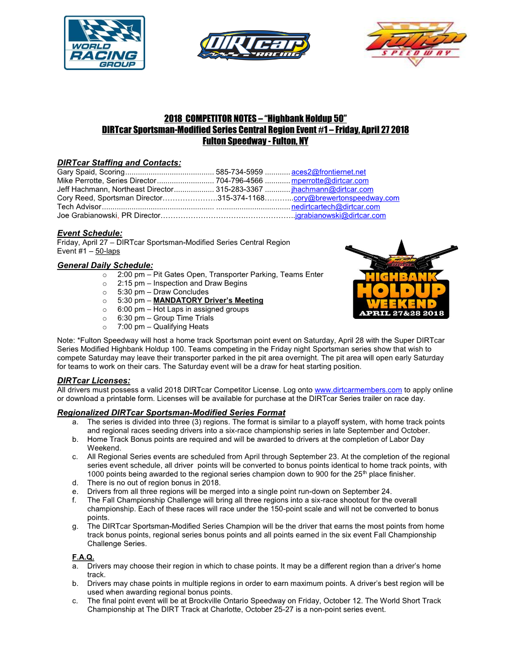 2018 COMPETITOR NOTES – “Highbank Holdup 50” Dirtcar Sportsman-Modified Series Central Region Event #1 – Friday, April 27 2018 Fulton Speedway - Fulton, NY