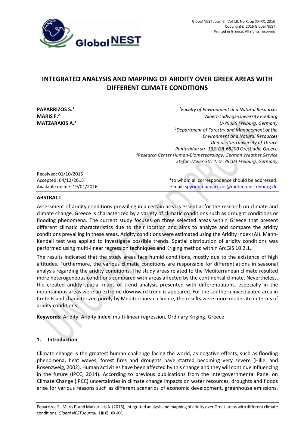 Integrated Analysis and Mapping of Aridity Over Greek Areas with Different Climate Conditions