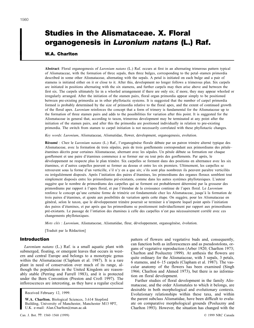 Studies in the Alismataceae. X. Floral Organogenesis in Luronium Natans (L.) Raf