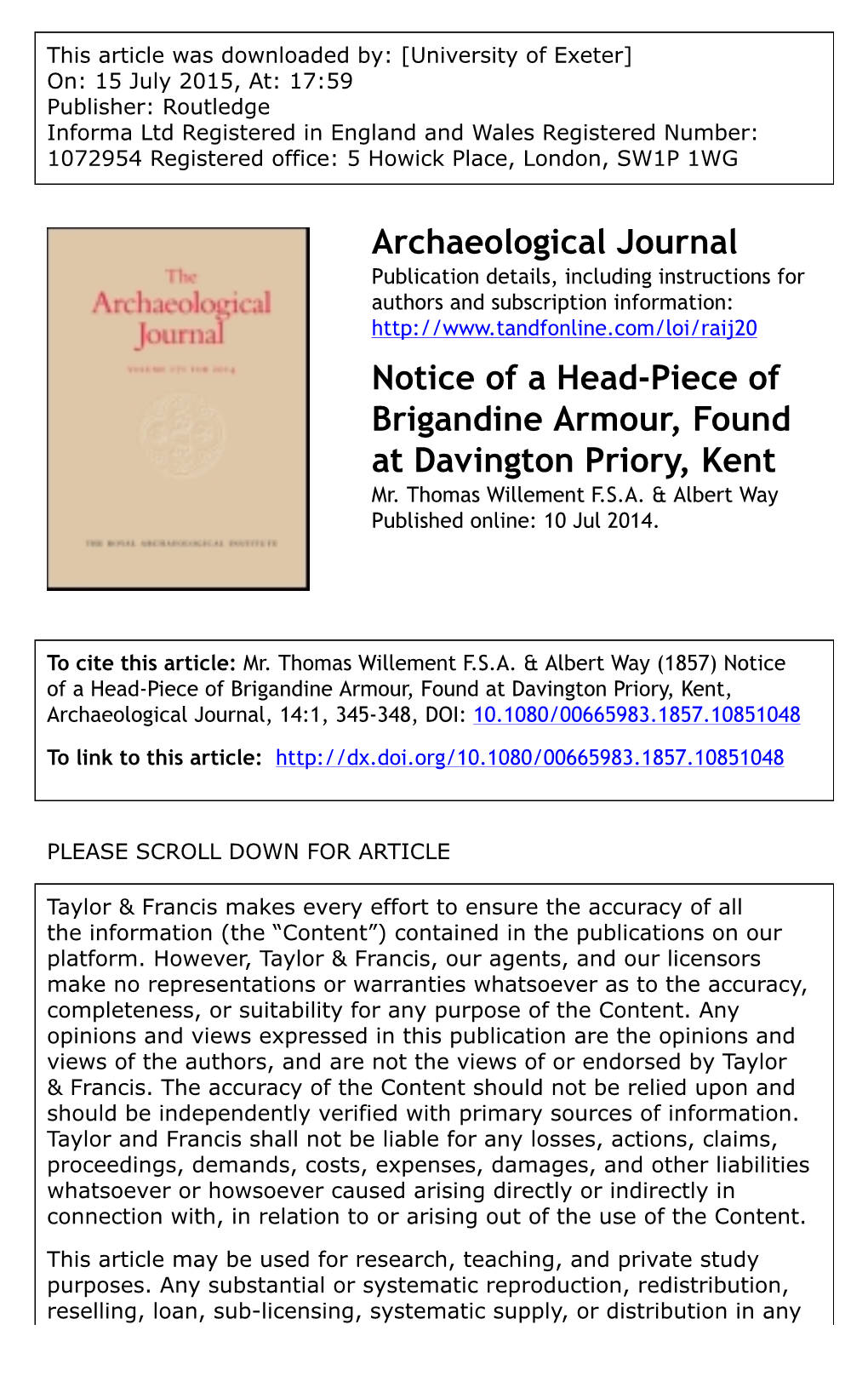 Archaeological Journal Notice of a Head-Piece of Brigandine Armour, Found at Davington Priory, Kent