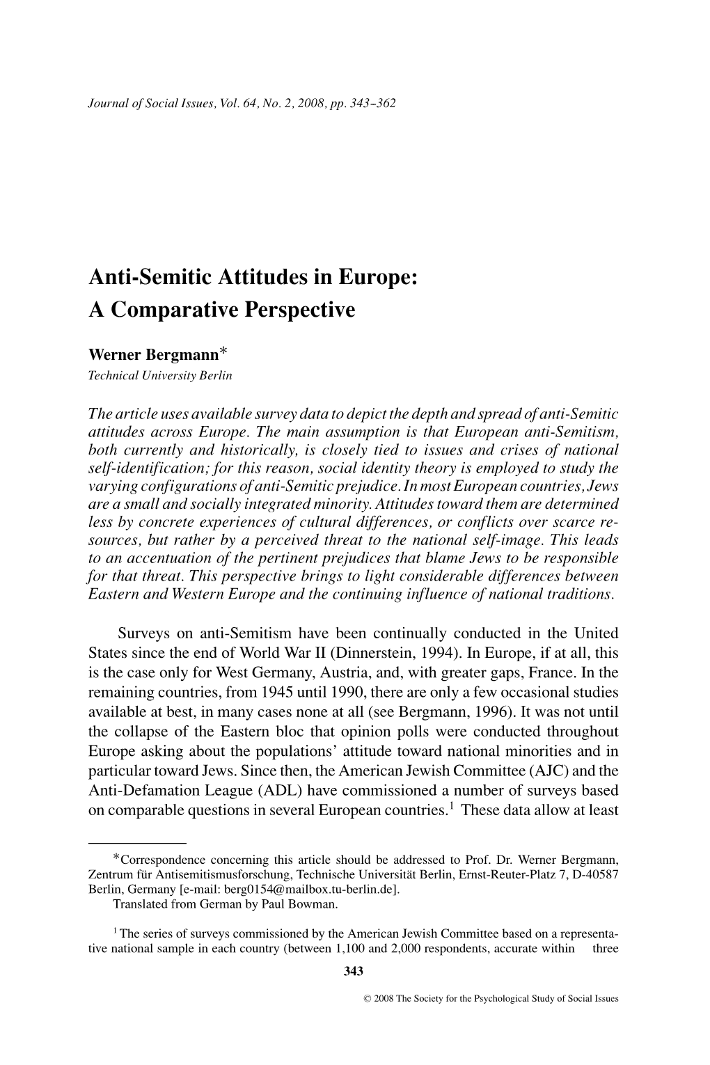 Anti-Semitic Attitudes in Europe: a Comparative Perspective ∗ Werner Bergmann Technical University Berlin