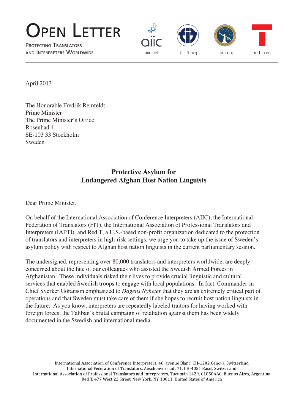 OPEN LETTER PROTECTING TRANSLATORS and INTERPRETERS WORLDWIDE Aiic.Netfit-Ift.Org Iapti.Org Red-T.Org