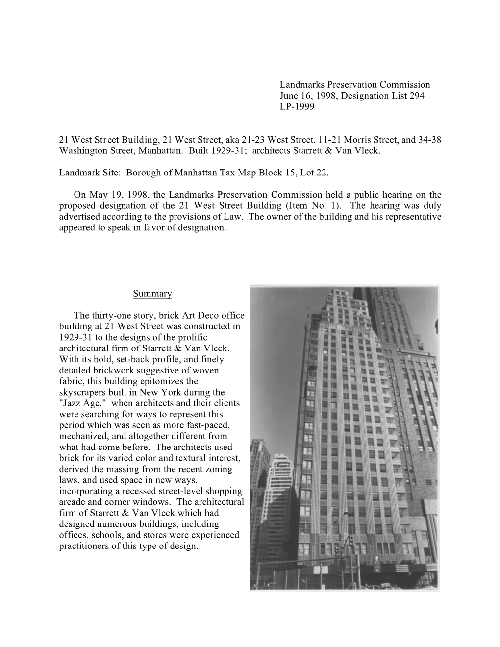 21 West Street Building Designation Report