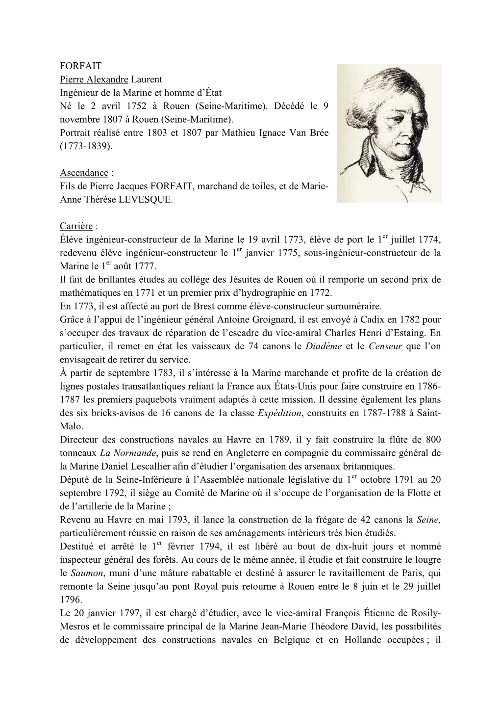 FORFAIT Pierre Alexandre Laurent Ingénieur De La Marine Et Homme D’État Né Le 2 Avril 1752 À Rouen (Seine-Maritime)