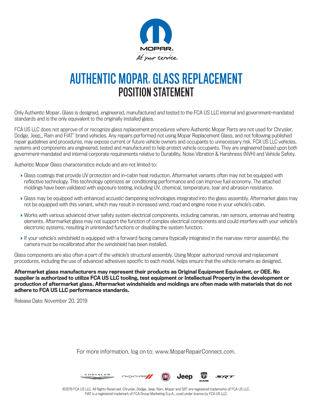 Authentic Mopar® Glass Replacement Position Statement