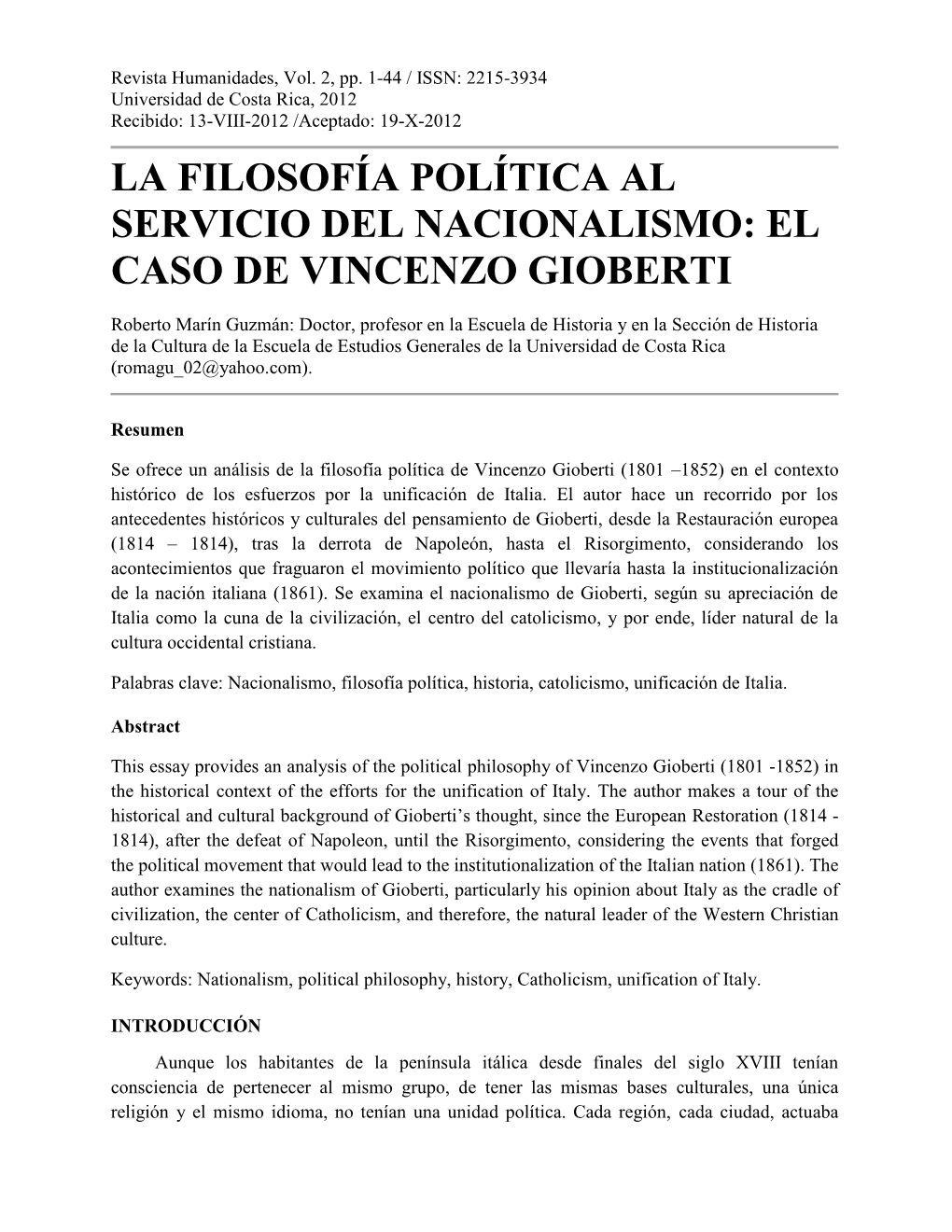 La Filosofía Política Al Servicio Del Nacionalismo: El Caso De Vincenzo Gioberti