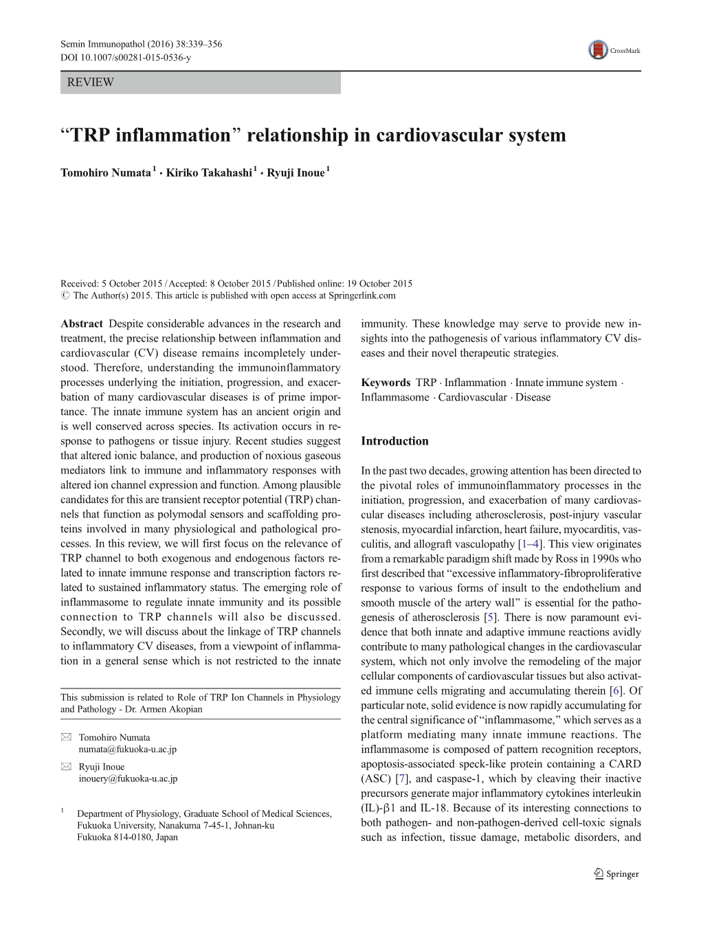 “TRP Inflammation” Relationship in Cardiovascular System