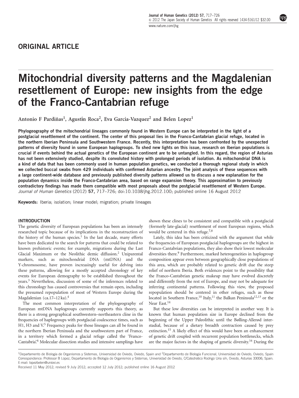 Mitochondrial Diversity Patterns and the Magdalenian Resettlement of Europe: New Insights from the Edge of the Franco-Cantabrian Refuge