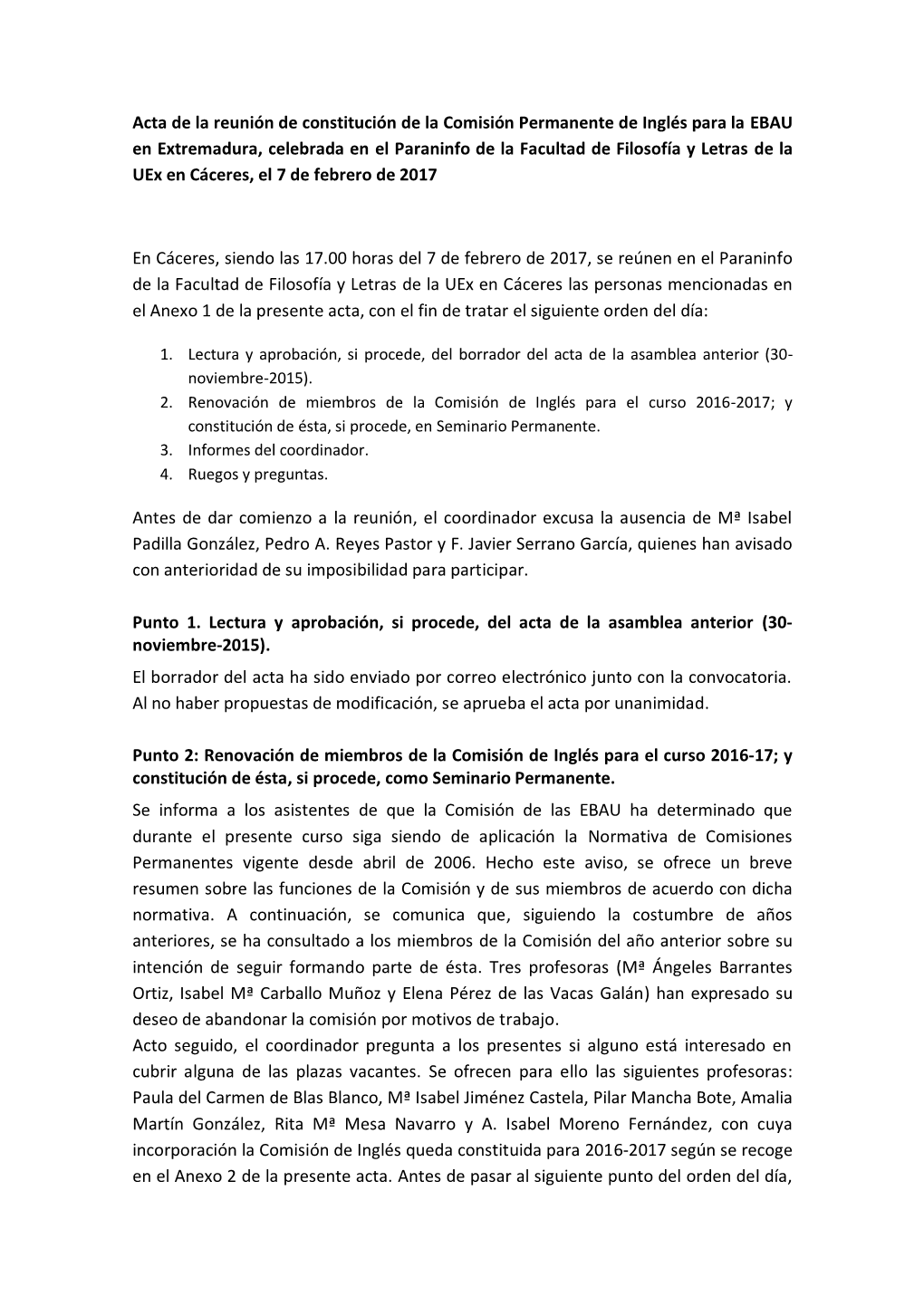 Acta De La Reunión De Constitución De La Comisión Permanente De Inglés