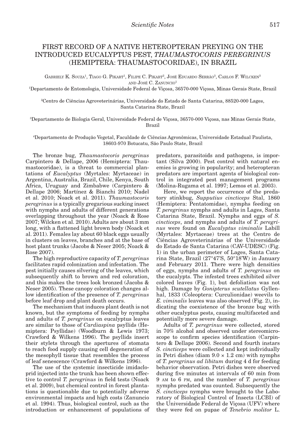 First Record of a Native Heteropteran Preying on the Introduced Eucalyptus Pest, Thaumastocoris Peregrinus (Hemiptera: Thaumastocoridae), in Brazil