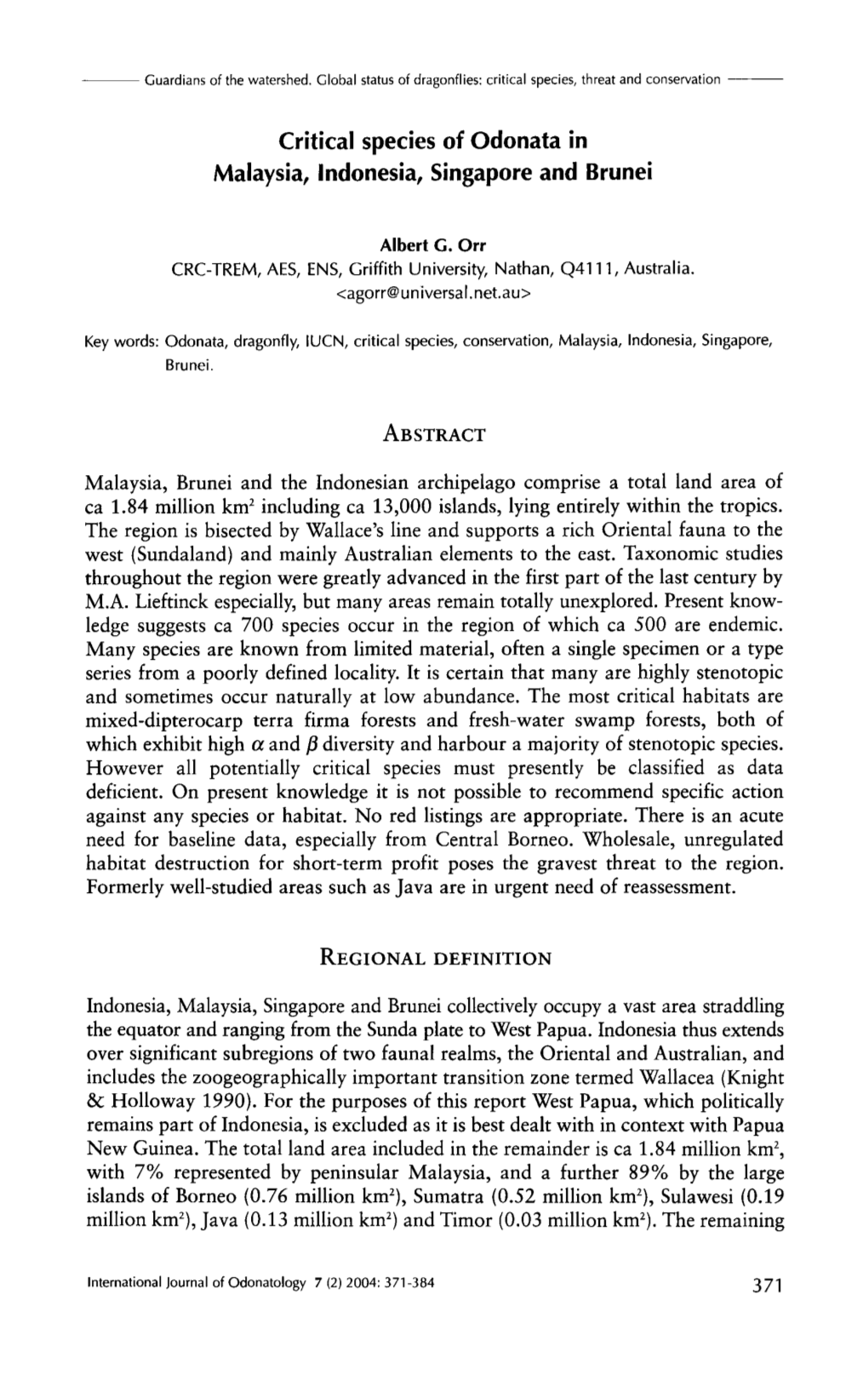 Critical Species of Odonata in Malaysia, Indonesia, Singapore and Brunei