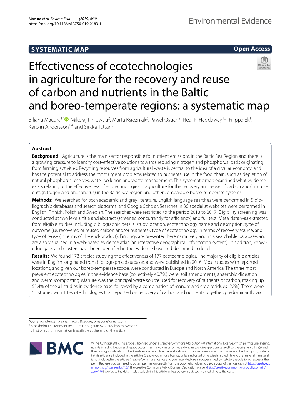 Effectiveness of Ecotechnologies in Agriculture for the Recovery and Reuse of Carbon and Nutrients in the Baltic and Boreo-Tempe