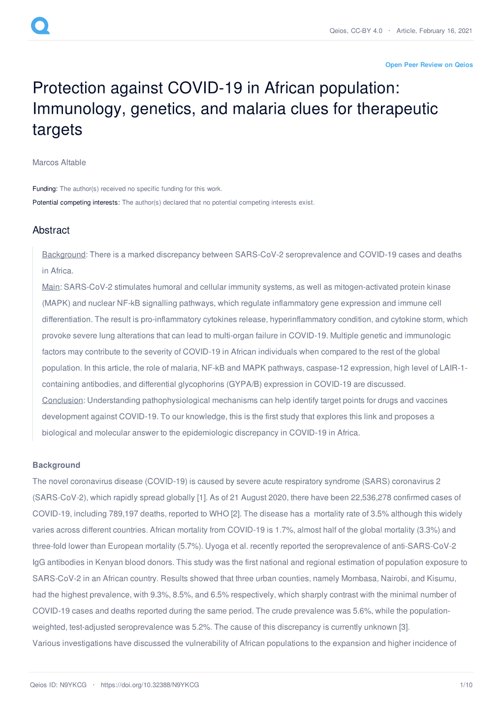 Protection Against COVID-19 in African Population: Immunology, Genetics, and Malaria Clues for Therapeutic Targets