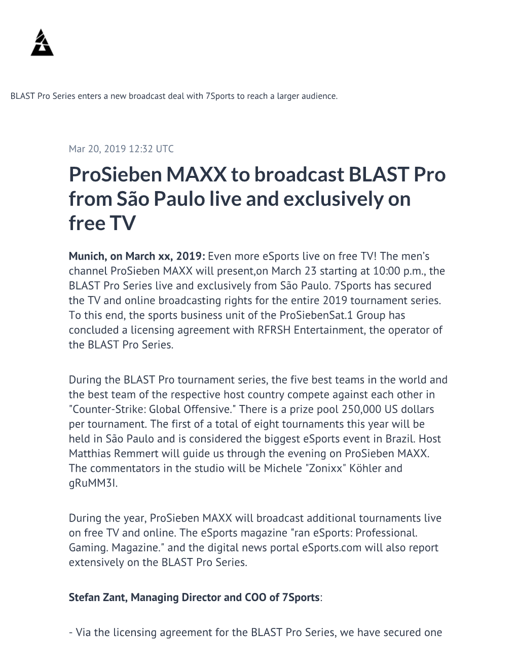 Prosieben MAXX to Broadcast BLAST Pro from São Paulo Live and Exclusively on Free TV