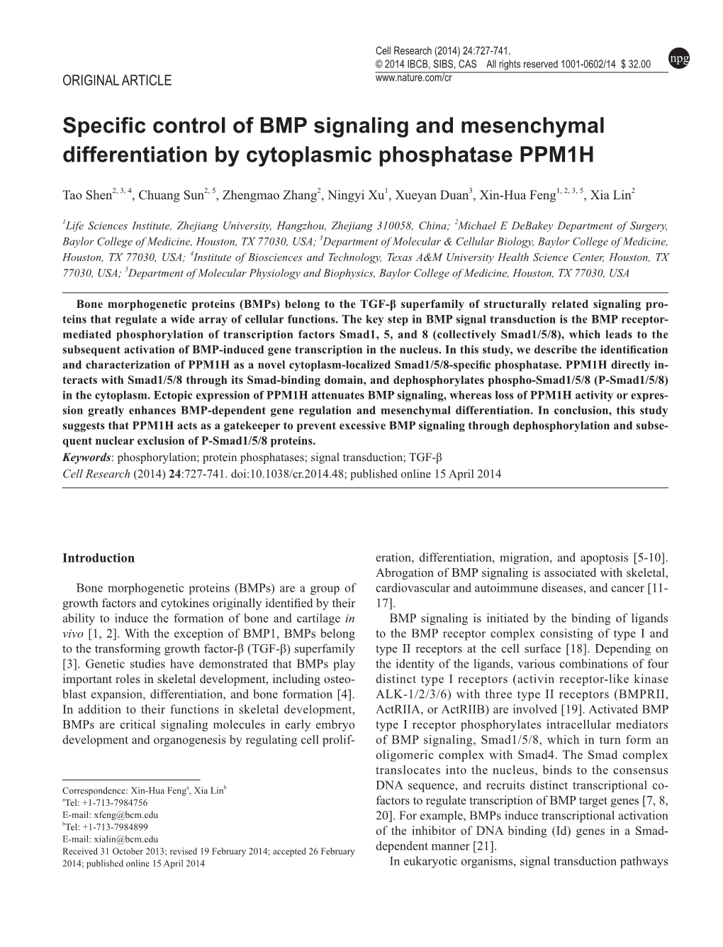 Specific Control of BMP Signaling and Mesenchymal Differentiation by Cytoplasmic Phosphatase PPM1H