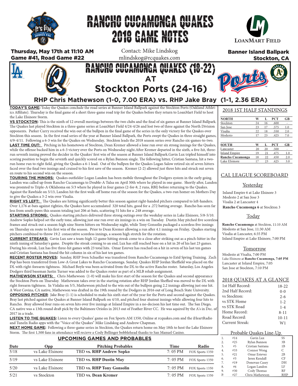 Rancho Cucamonga Quakes 2018 Game Notes