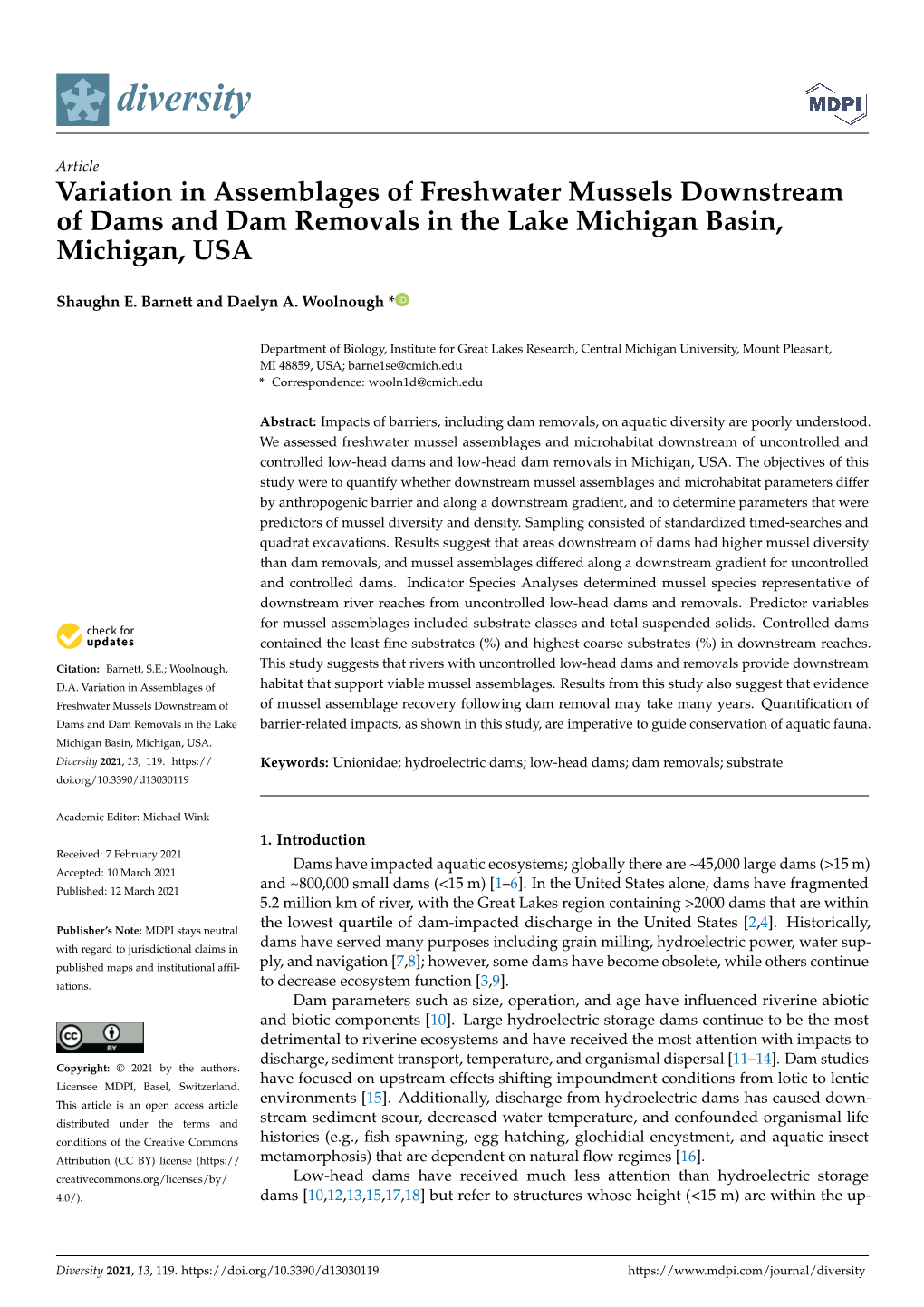 Variation in Assemblages of Freshwater Mussels Downstream of Dams and Dam Removals in the Lake Michigan Basin, Michigan, USA