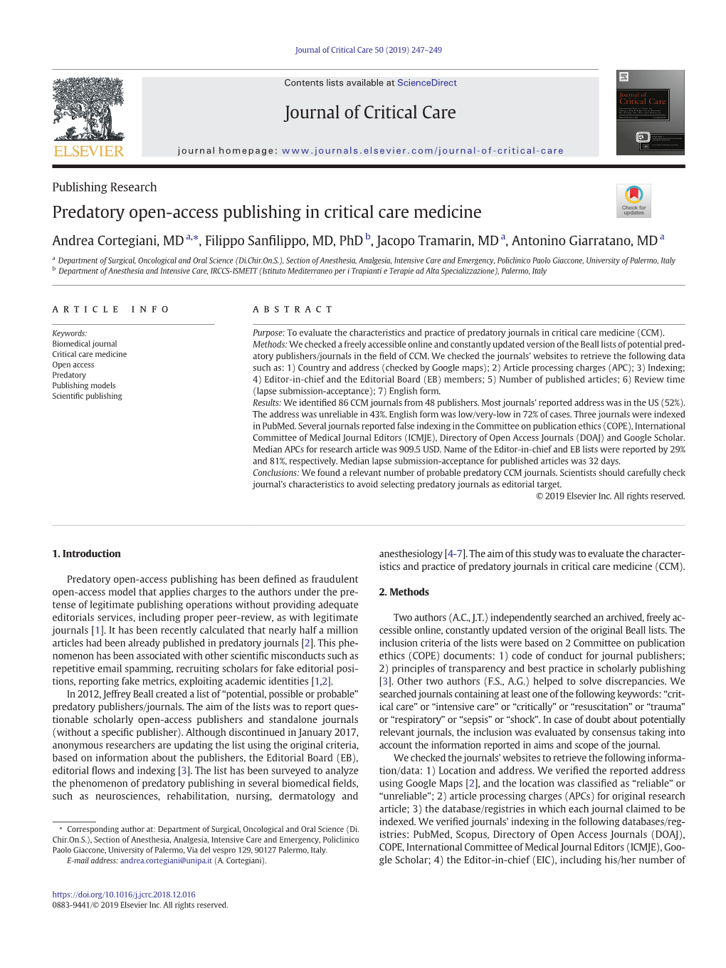 Predatory Open-Access Publishing in Critical Care Medicine