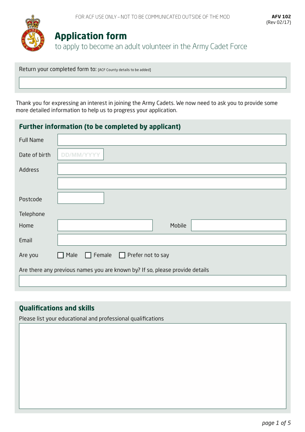 Application Form to Apply to Become an Adult Volunteer in the Army Cadet Force