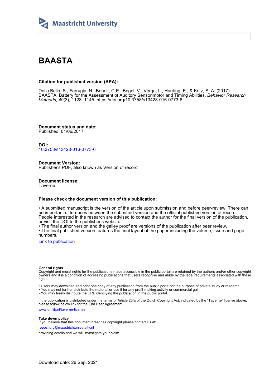 BAASTA: Battery for the Assessment of Auditory Sensorimotor and Timing Abilities