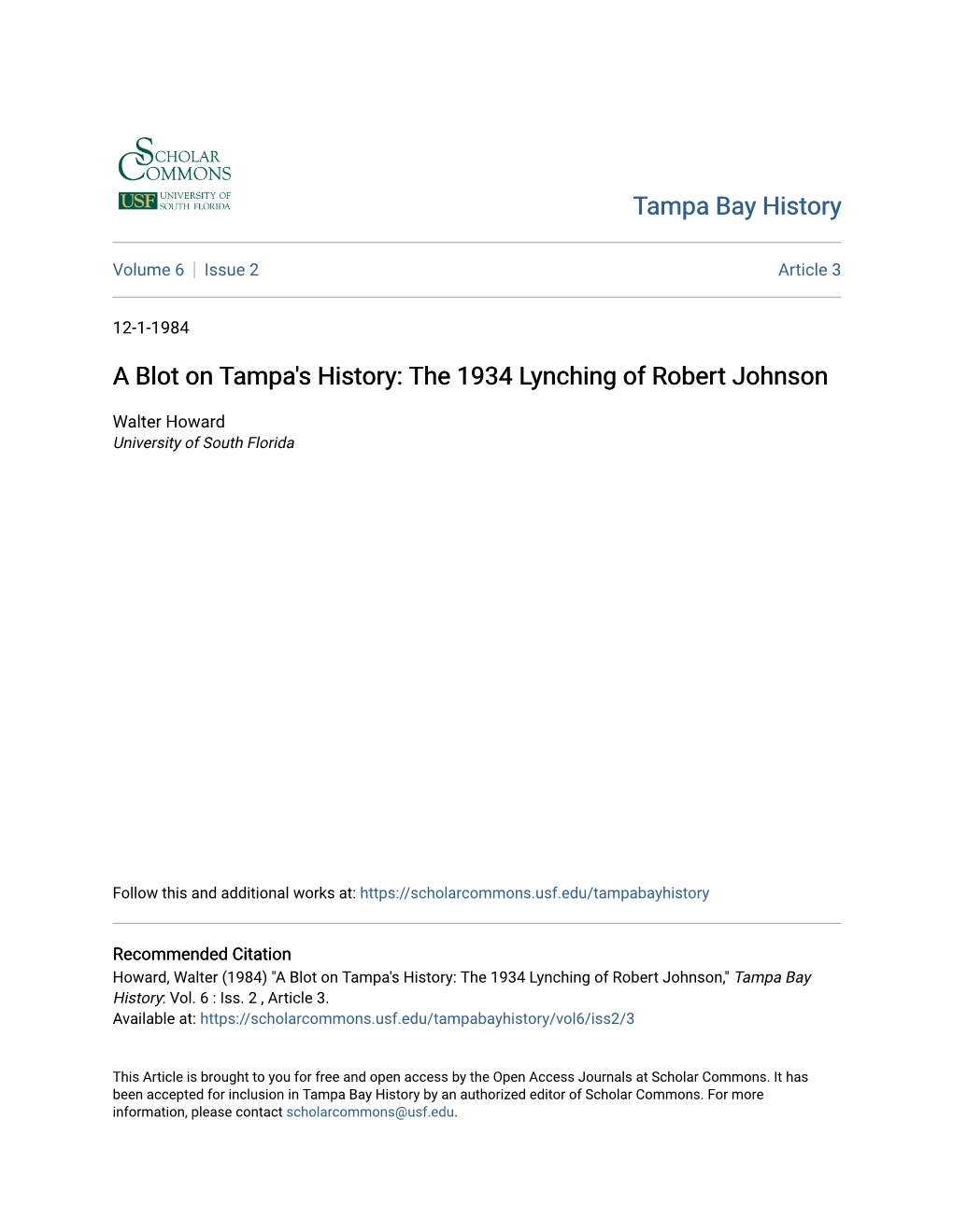 A Blot on Tampa's History: the 1934 Lynching of Robert Johnson