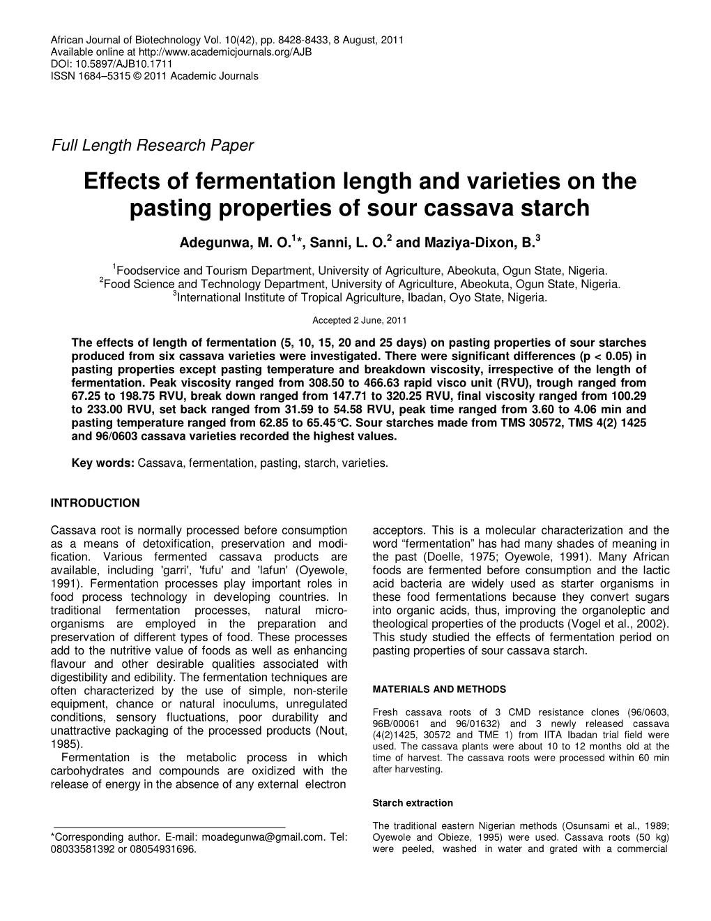 Effects of Fermentation Length and Varieties on the Pasting Properties of Sour Cassava Starch