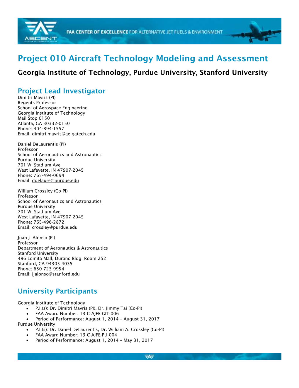 Project 010 Aircraft Technology Modeling and Assessment