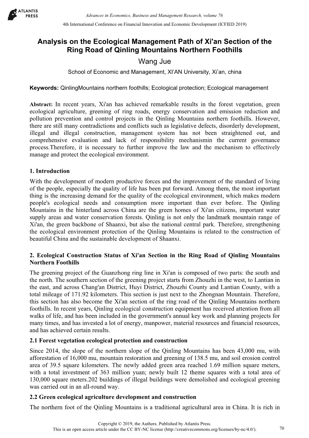 Analysis on the Ecological Management Path of Xi'an Section of the Ring Road of Qinling Mountains Northern Foothills Wang