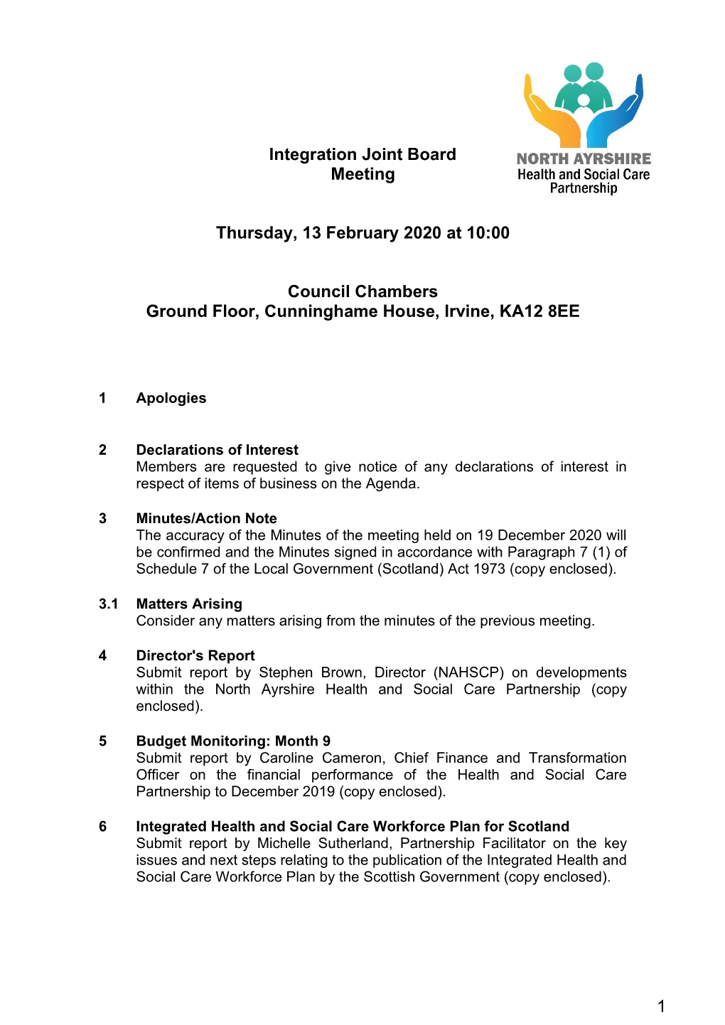 Integration Joint Board Meeting Thursday, 13 February 2020 at 10