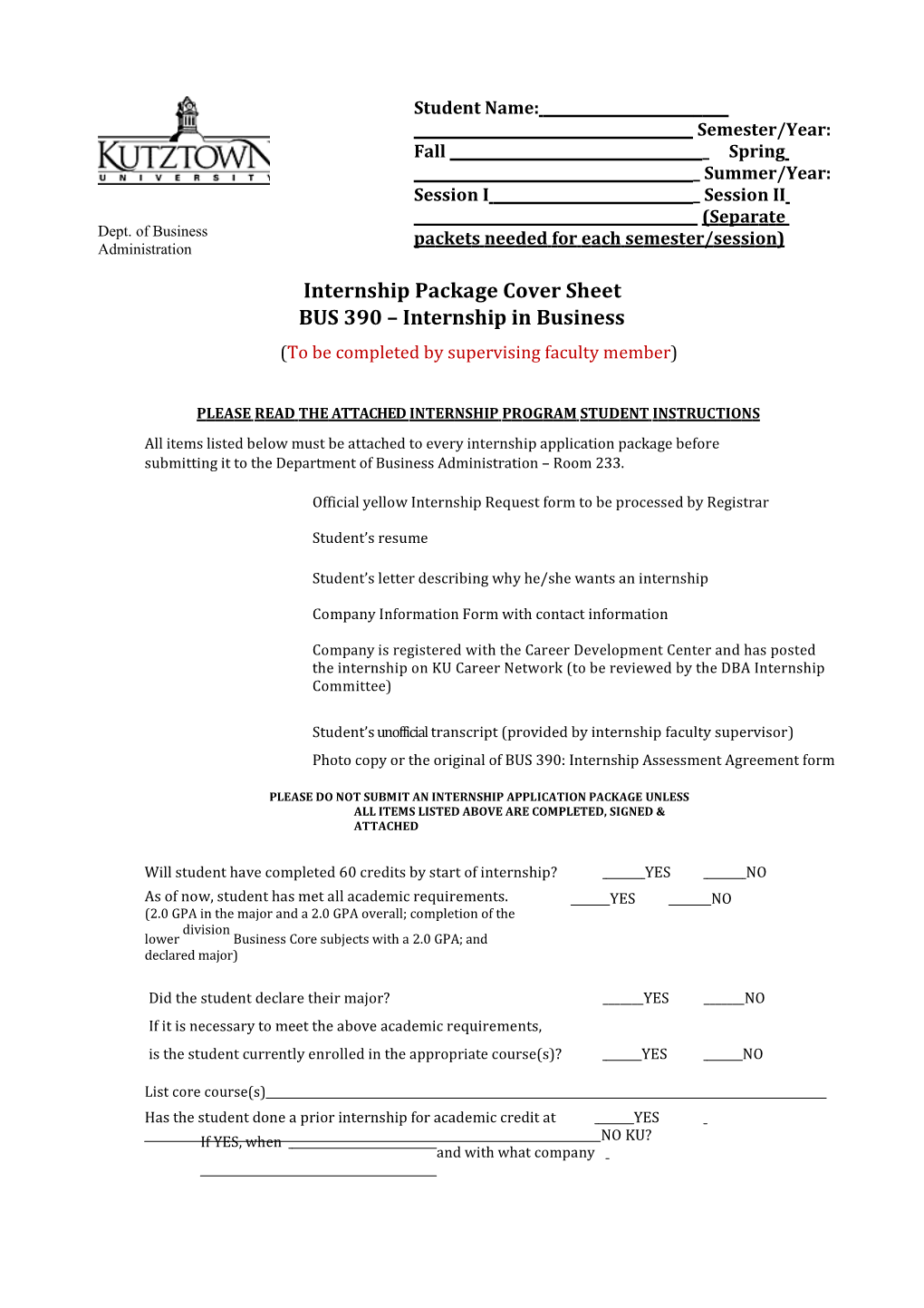 Internship Package Cover Sheet