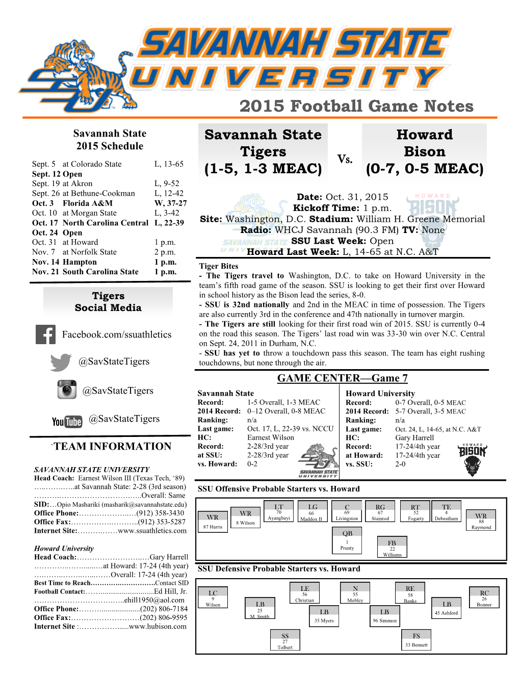 2015 Football Game Notes Savannah State Savannah State Howard 2015 Schedule Tigers Bison Sept