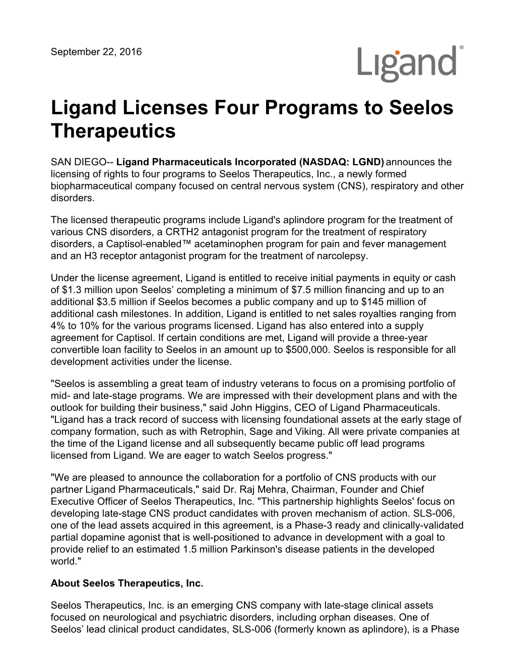 Ligand Licenses Four Programs to Seelos Therapeutics
