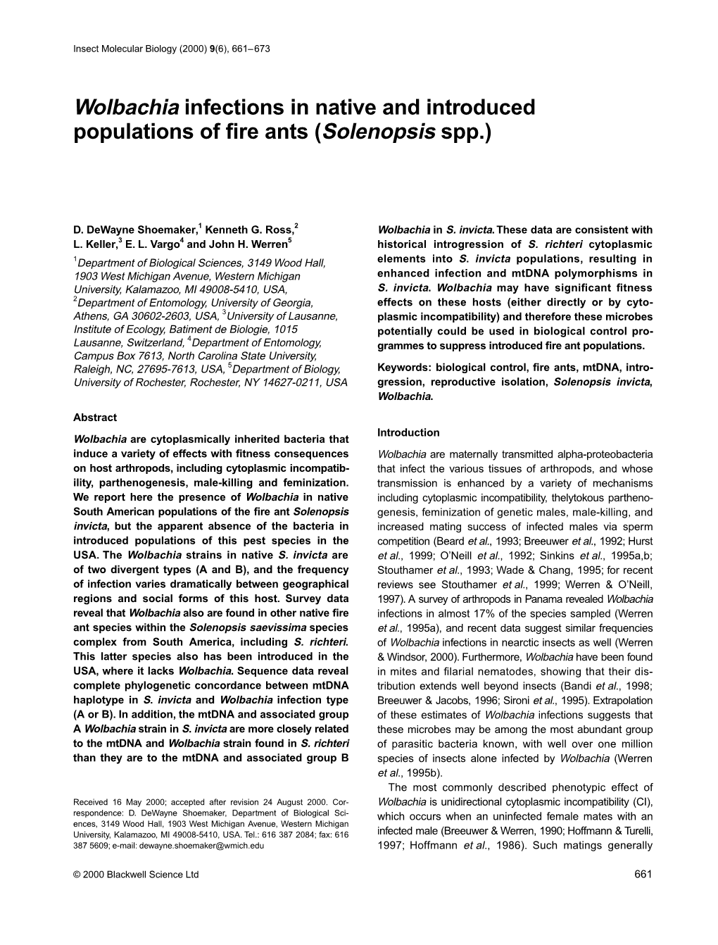 Wolbachia Infections in Native and Introduced Populations of ﬁre Ants