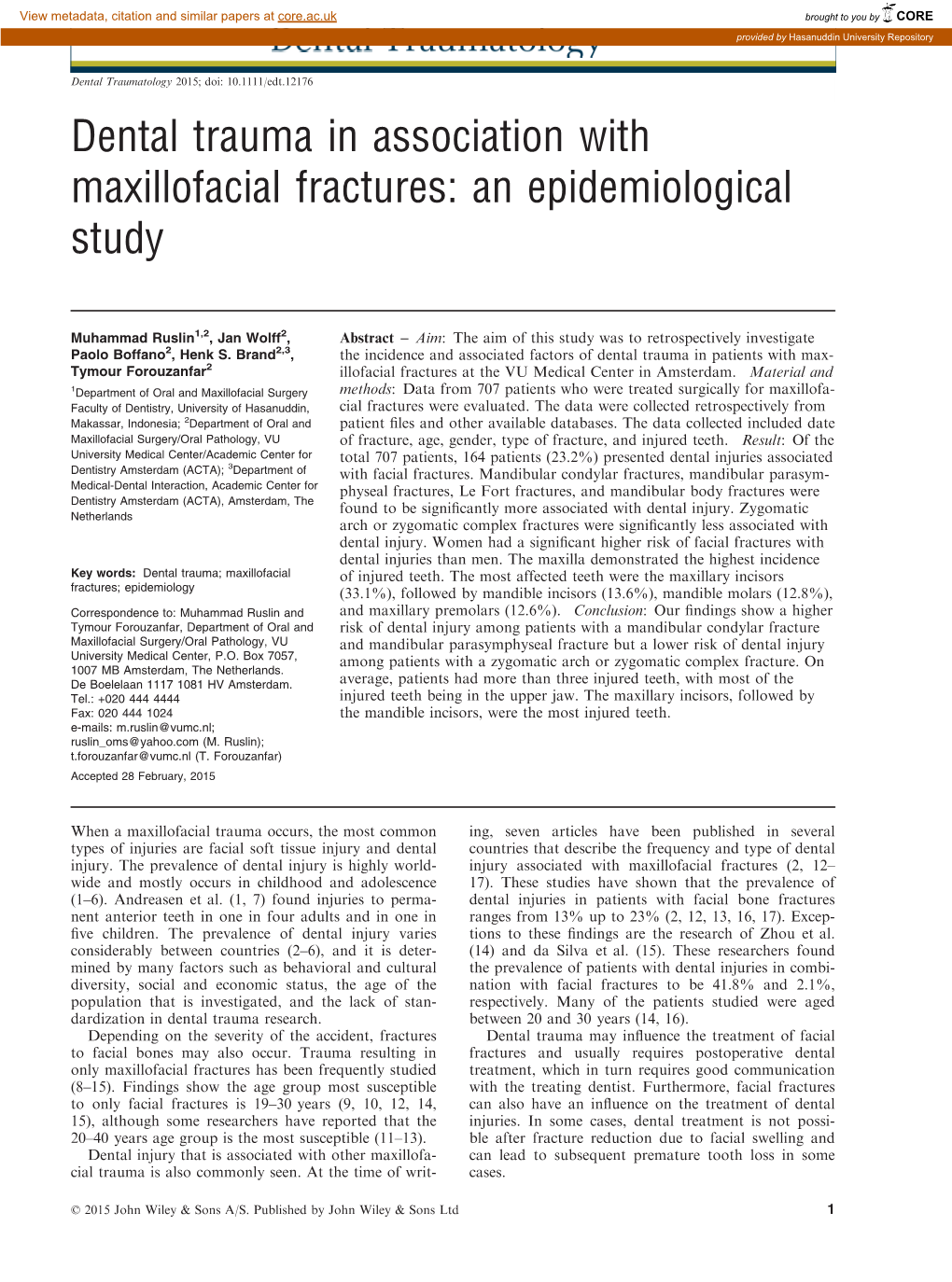 Dental Trauma in Association with Maxillofacial Fractures: an Epidemiological Study