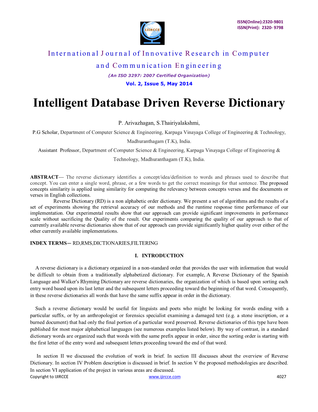 Intelligent Database Driven Reverse Dictionary