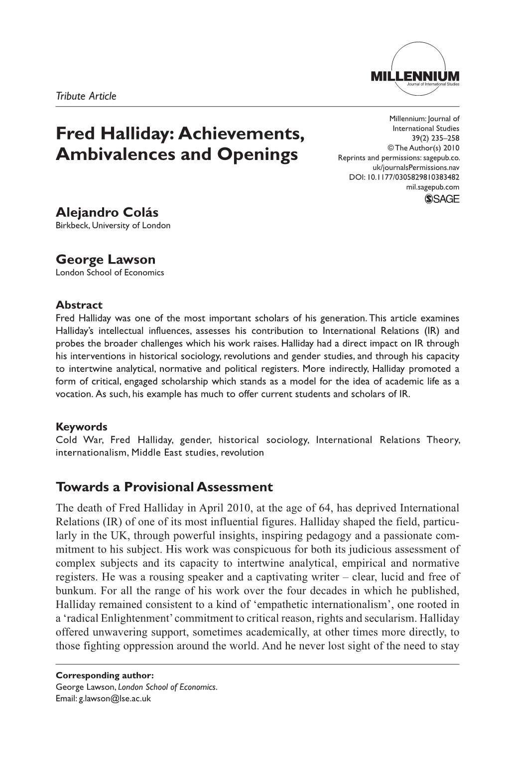 Fred Halliday: Achievements, 39(2) 235–258 © the Author(S) 2010 Ambivalences and Openings Reprints and Permissions: Sagepub.Co