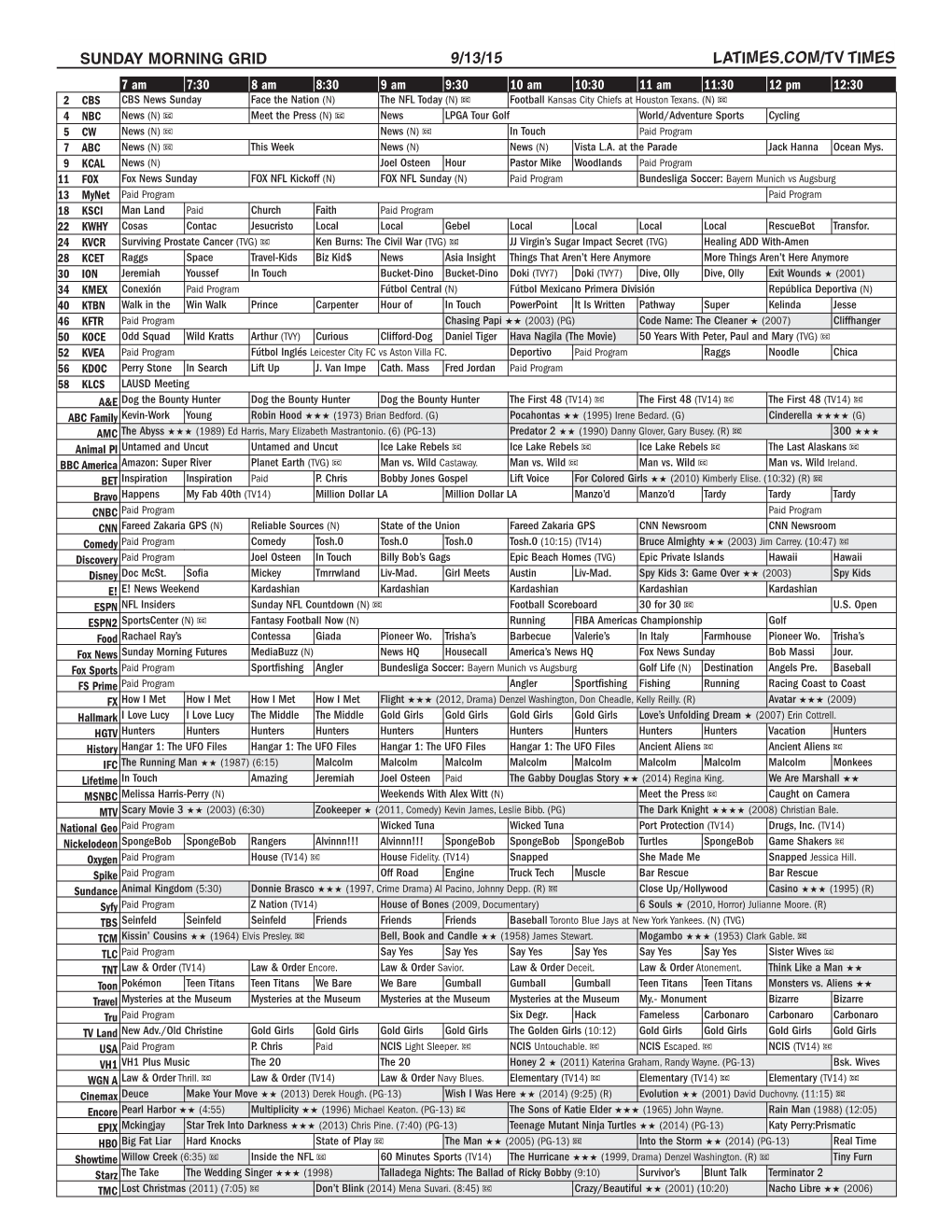 Sunday Morning Grid 9/13/15 Latimes.Com/Tv Times