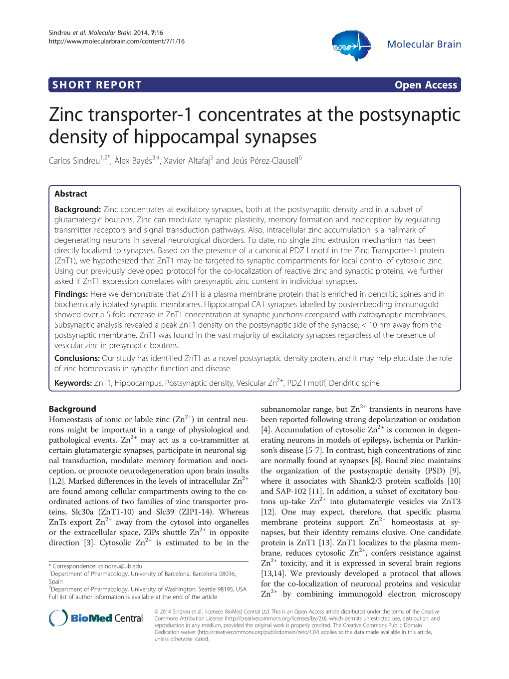 Zinc Transporter-1 Concentrates at the Postsynaptic Density of Hippocampal Synapses Carlos Sindreu1,2*, Àlex Bayés3,4, Xavier Altafaj5 and Jeús Pérez-Clausell6