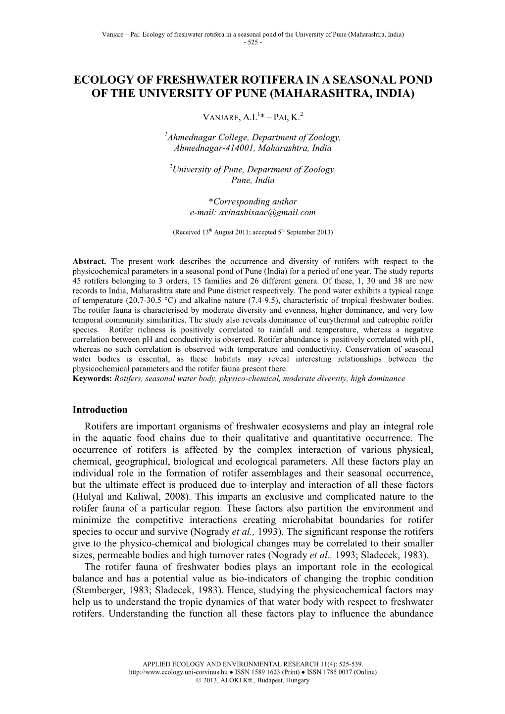 Ecology of Freshwater Rotifera in a Seasonal Pond of the University of Pune (Maharashtra, India) - 525