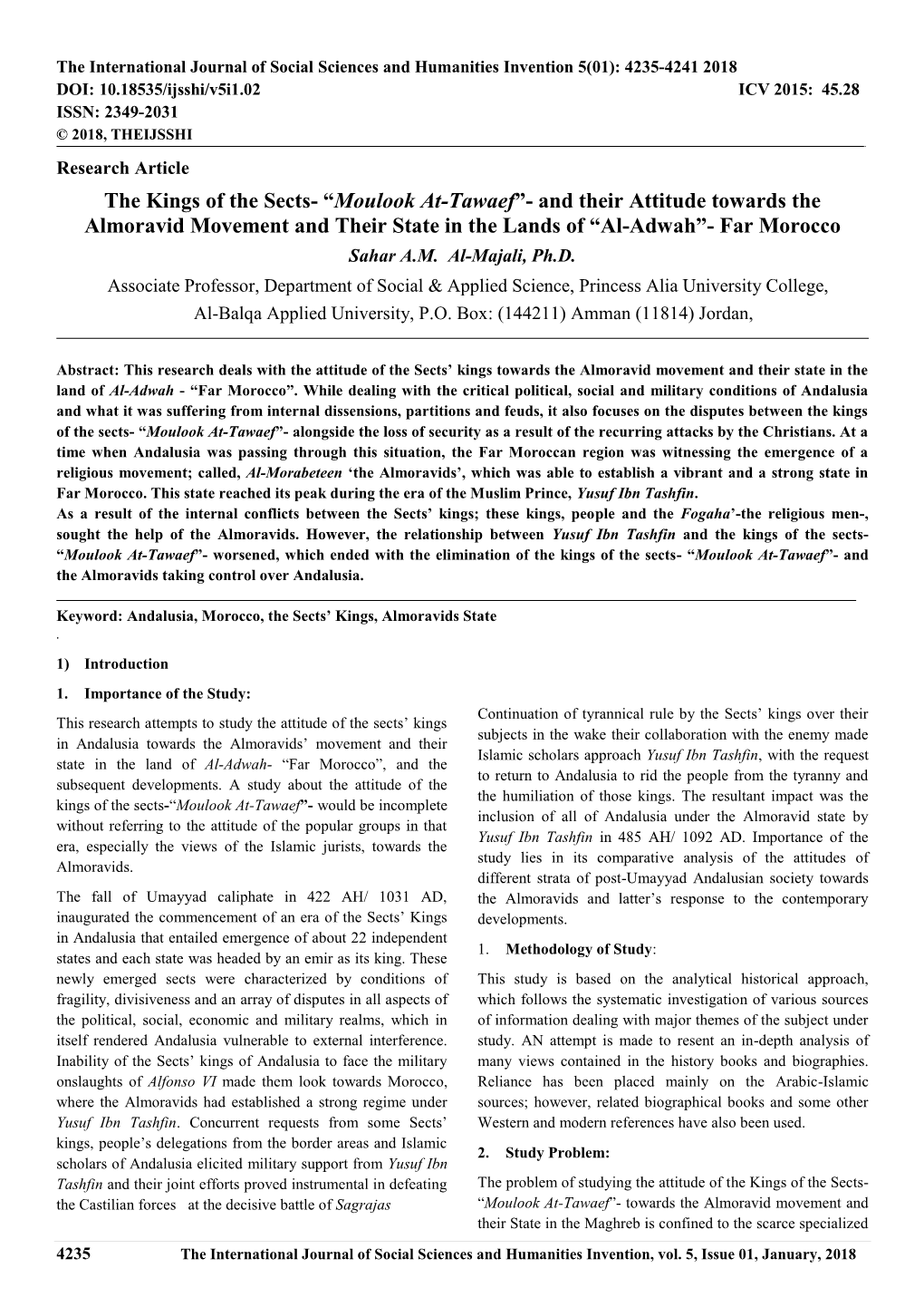 The Kings of the Sects- “Moulook At-Tawaef”- and Their Attitude Towards the Almoravid Movement and Their State in the Lands of “Al-Adwah”- Far Morocco Sahar A.M