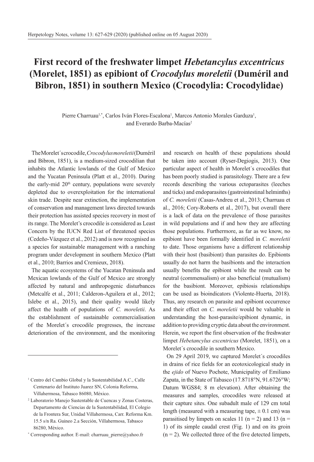 As Epibiont of Crocodylus Moreletii (Duméril and Bibron, 1851) in Southern Mexico (Crocodylia: Crocodylidae)