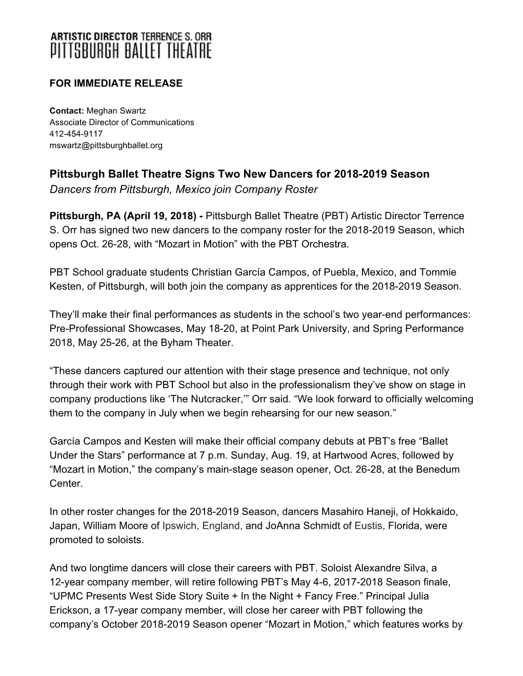 Pittsburgh Ballet Theatre Signs Two New Dancers for 2018-2019 Season Dancers from Pittsburgh, Mexico Join Company Roster