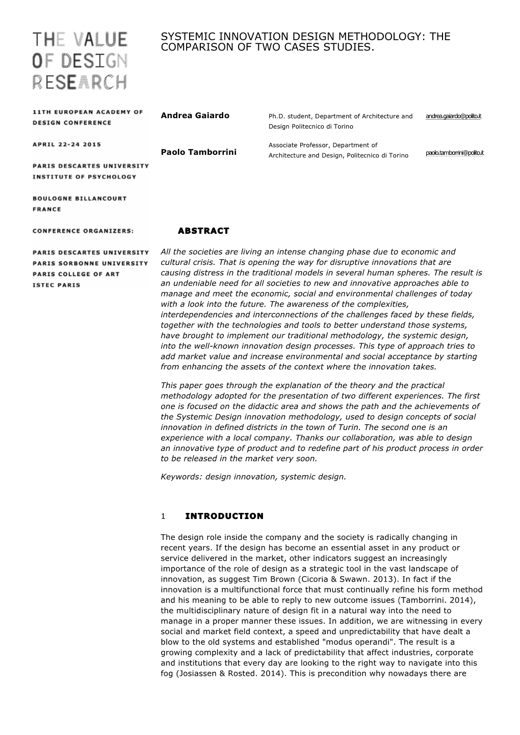 Systemic Innovation Design Methodology: the Comparison of Two Cases Studies