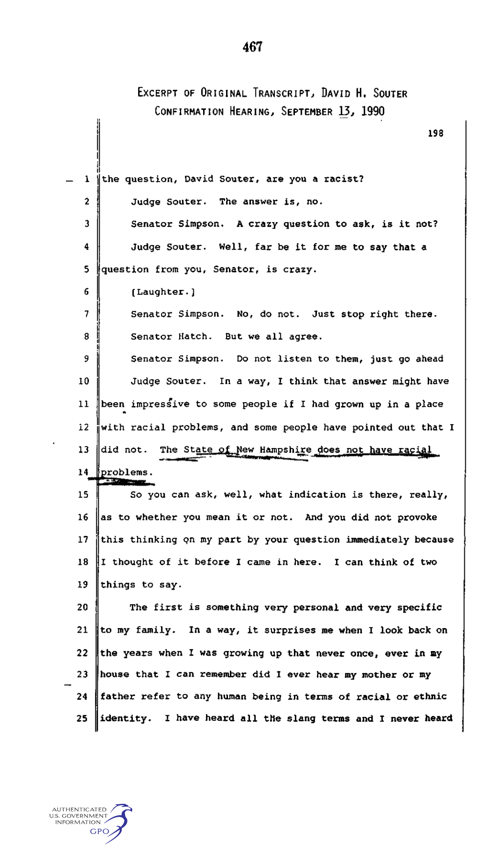 Excerpt of Original Transcript, David H. Souter Confirmation Hearing, September 13, 1990