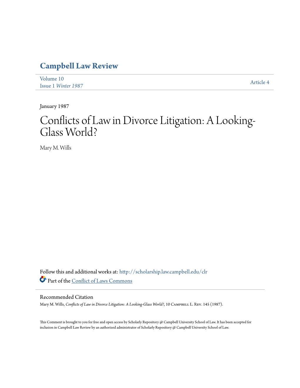 Conflicts of Law in Divorce Litigation: a Looking-Glass World?, 10 Campbell L