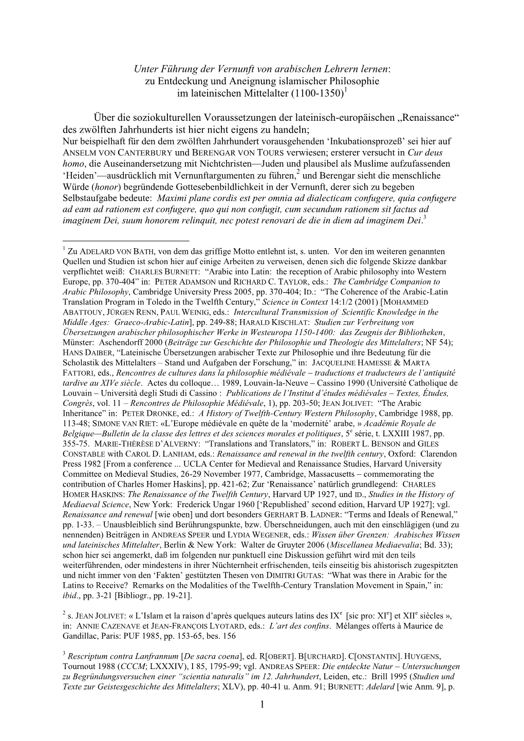 Unter Führung Der Vernunft Von Arabischen Lehrern Lernen: Zu Entdeckung Und Aneignung Islamischer Philosophie Im Lateinischen Mittelalter (1100-1350)1